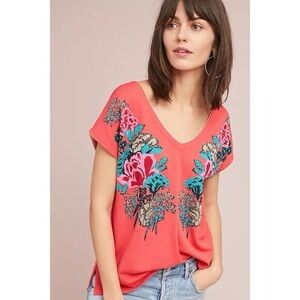 Anthropologie/ Aldo Martin Coral Floral Embroidered Tee